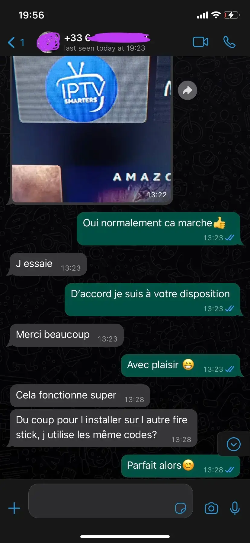 Screenshot WhatsApp IPTV Smarters Pro — support client français